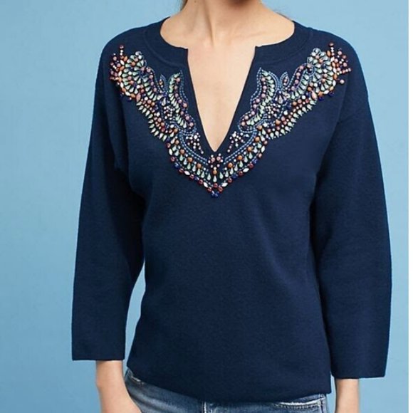 Anthropologie Moth Women's Jeweled Beaded V Neck Navy Blue Sweater Size S - Picture 1 of 15